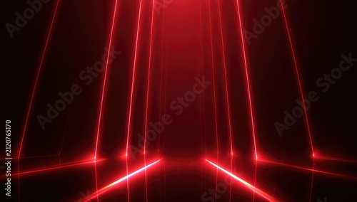 Symmetrical abstract image featuring glowing red lines converging towards a central vanishing point. Dark background, reflections