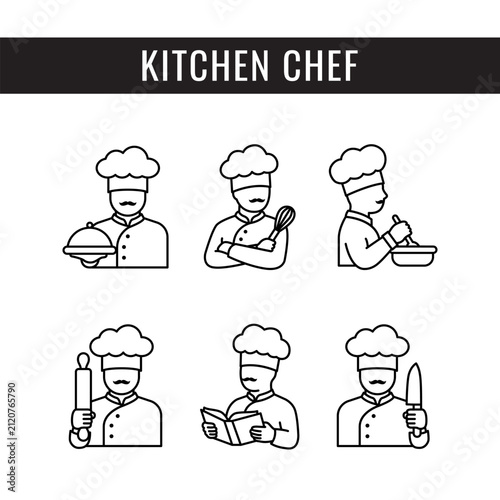 Set of Cook logo, line icon. chef with hat and black mustache vector illustration. Sign of male baker or cooker.