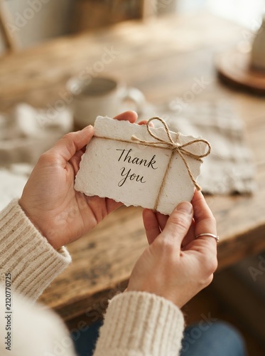 Hands holding a small thank you card tied with twine and a bow.