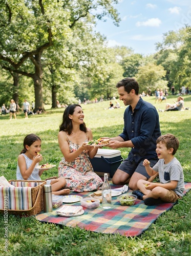 Happy family enjoying a sunny picnic in a lush green park with trees and people in the background.