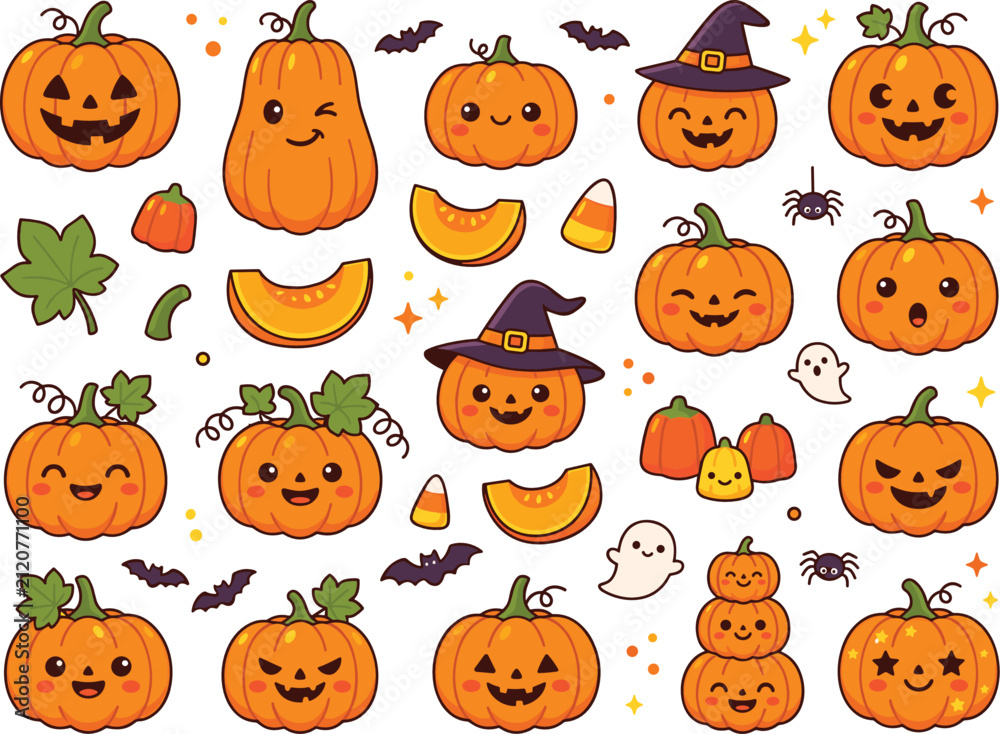 Obraz premium Cute Halloween Pumpkin Collection with Jack O Lantern Faces, Witch Hats, Ghosts, Bats, Candy, and Autumn Cartoon Vector Set
