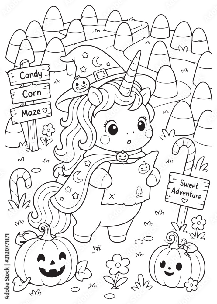 Fototapeta premium Coloring Page Book Adorable Halloween Unicorn Exploring a Candy Corn Maze Adventure