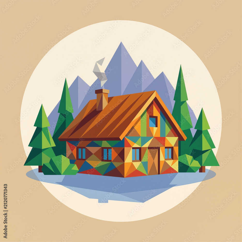 Fototapeta premium Geometric Low Poly Mountain Cabin Illustration with Pine Trees and Smoke in a Circular Frame
