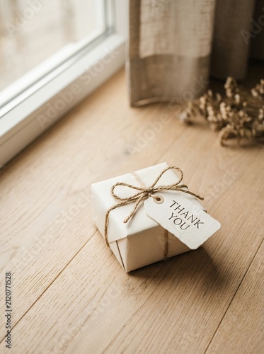 Small Gift Box Tied With Twine and Thank You Tag on Wooden Surface.