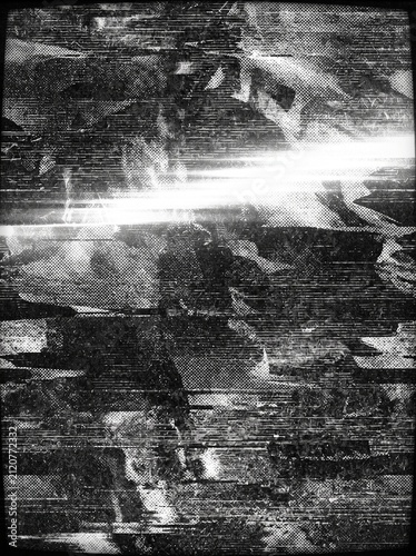 Black and white monochrome glitch texture background with digital noise CRT screen distortion and static signal effect