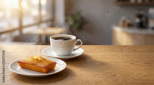 Freshly brewed hot coffee cup and baked financier cake with steam on wooden table in cozy cafe with large copy space.