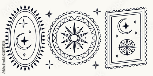Set of three celestial frames featuring sun, moon, and starburst motifs in a vintage line style on a white background for