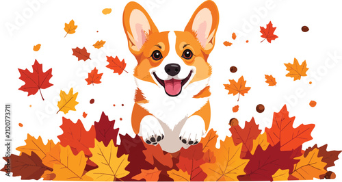 Adorable Pembroke Welsh Corgi puppy dog happily jumping through a pile of colorful autumn fall leaves, vector illustration, perfect for fall-themed designs and seasonal decorations