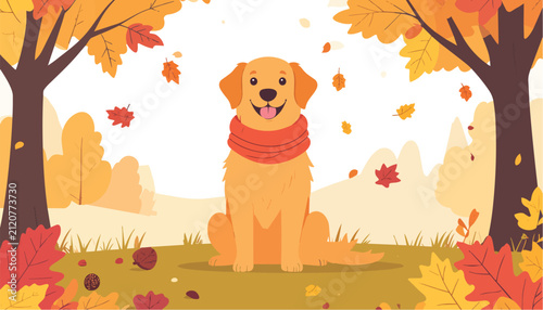 A happy golden retriever dog wearing a red scarf sits in a park surrounded by colorful autumn leaves and trees