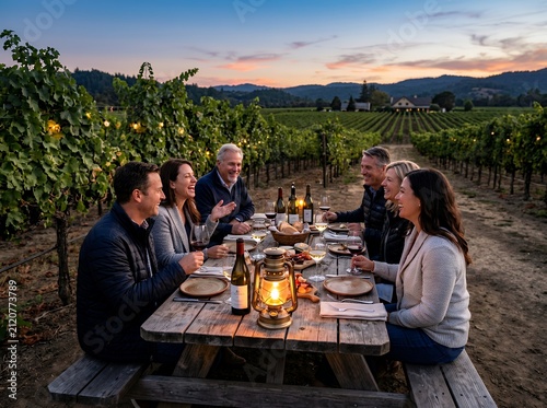 Friends enjoying a vineyard dinner at sunset.