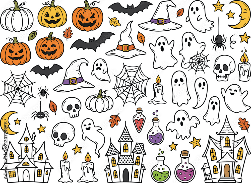 Fototapeta premium Hand Drawn Halloween Doodle Collection with Ghosts, Pumpkins, Haunted Houses, Bats, Potions, Candles, and Spooky Vector Elements