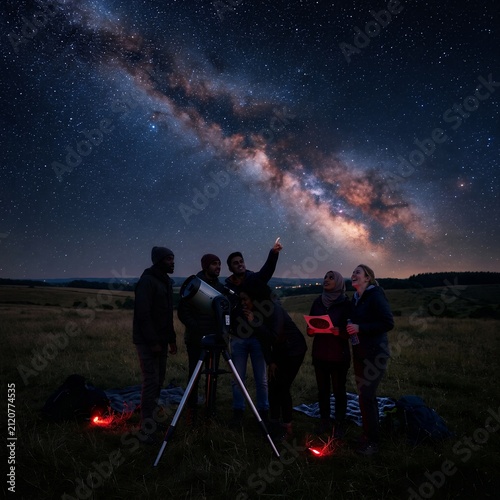 Group of friends stargazing at the Milky Way galaxy with a telescope.