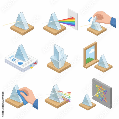 Isometric vector illustration set of glass triangular prisms on wooden bases showing light refraction, dispersion into rainbow spectrum, cleaning, and laboratory scientific experiments.