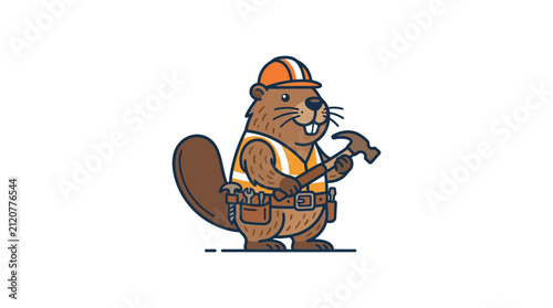 A cartoon beaver wearing a construction hat and holding a hammer