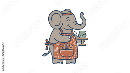 A cute cartoon elephant wearing an apron and working on a clay pottery project