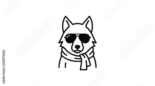 A minimalist black and white line art illustration of a cool dog wearing sunglasses and a scarf