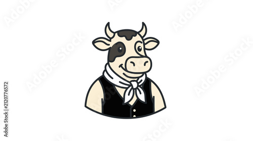 A friendly cartoon cow character wearing a vest and neckerchief
