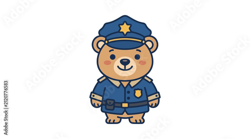 A cute cartoon bear dressed in a blue police uniform stands against a plain white background