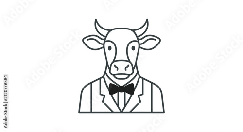 A minimalist line art illustration of a cow wearing a formal suit and a bow tie