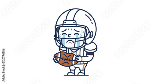A sad cartoon football player wearing a helmet and holding a ball