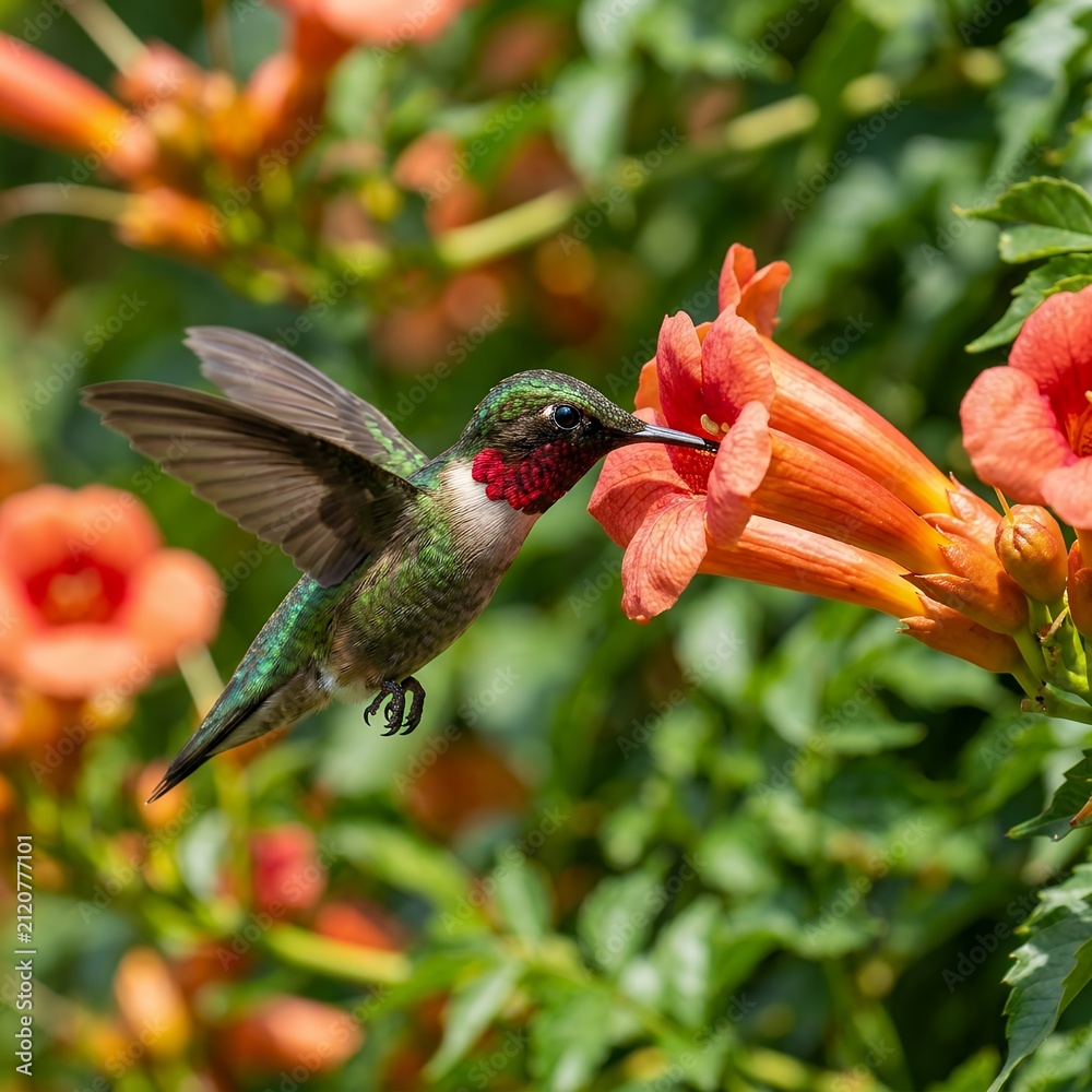 Fototapeta premium Ruby throated hummingbird feeding on nectar from an orange trumpet vine flower.