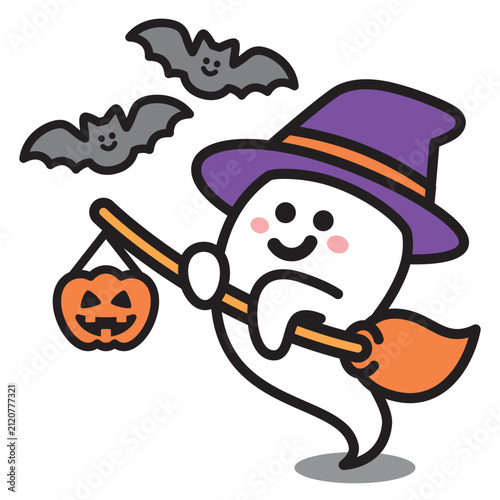 空飛ぶおばけと笑顔のコウモリ ハロウィンのキャラクターイラスト