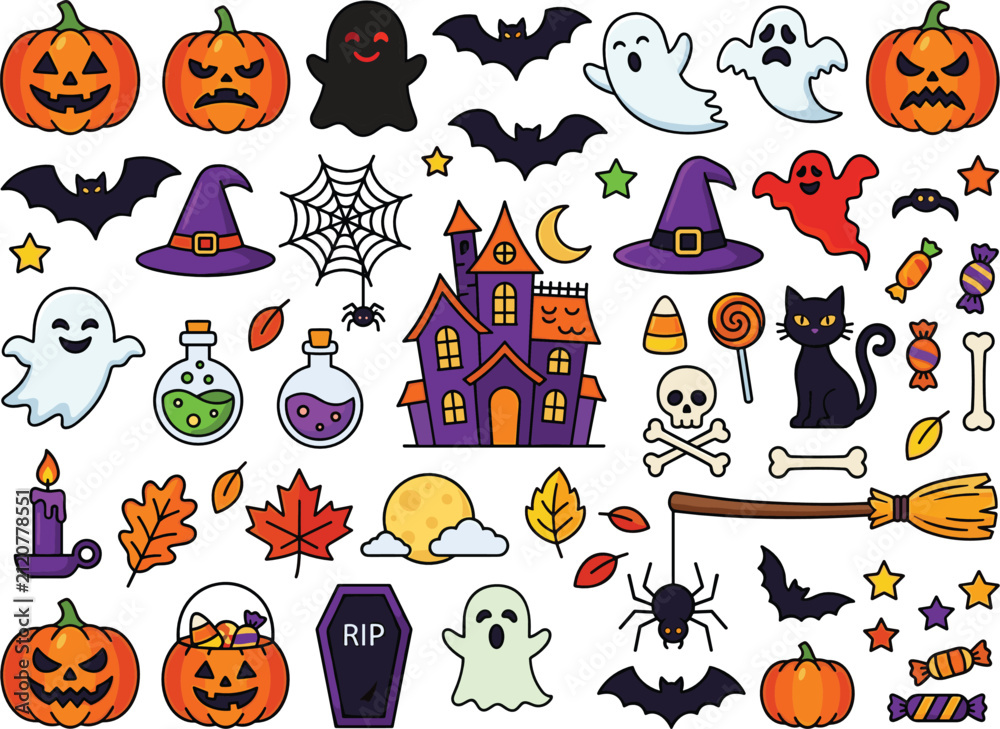 Fototapeta premium Halloween Cartoon Icon Set with Pumpkins, Ghosts, Bats, Witch Hats, Haunted House, Spiders, Candy and Spooky Holiday Symbols