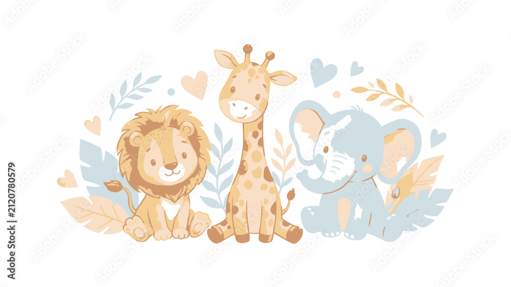 Naklejka premium Watercolor Safari Baby Animals Lion Giraffe and Elephant Nursery Art