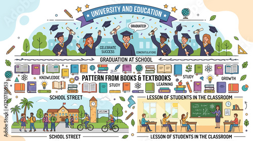A colorful infographic illustration depicting various scenes of academic life and student graduation