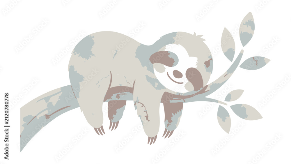Fototapeta premium Watercolor illustration of a cute sloth sleeping on a tree branch