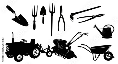 Bild auf Leinwand Gardening tools with silhouettes various gardening equipment white background bl