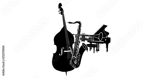 Photography Silhouette of musical instruments double bass saxophone with piano white backgro