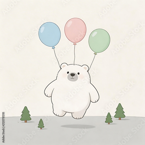 Cute polar bear floating with balloons