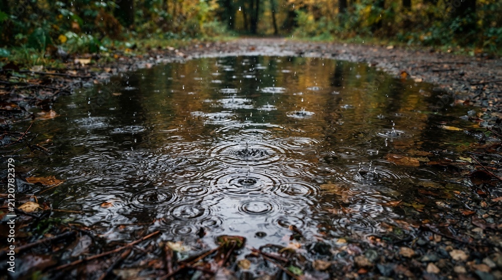 Fototapeta premium Raindrops creating ripples on a forest puddle surrounded by autumn leaves.