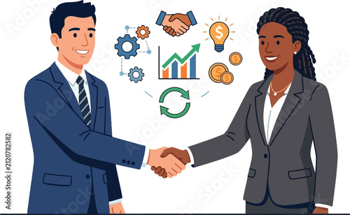 Business partners shake hands while discussing corporate growth strategies in a professional office setting.