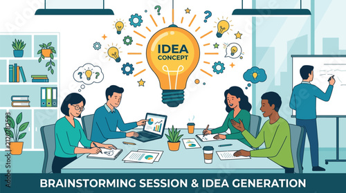 Team members brainstorm during a meeting with a large lightbulb symbolizing creative ideas.
