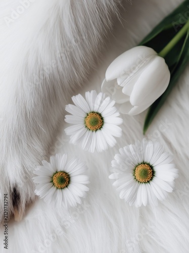 Delicate White Tulip and Daisies on Soft Fluffy White Background.