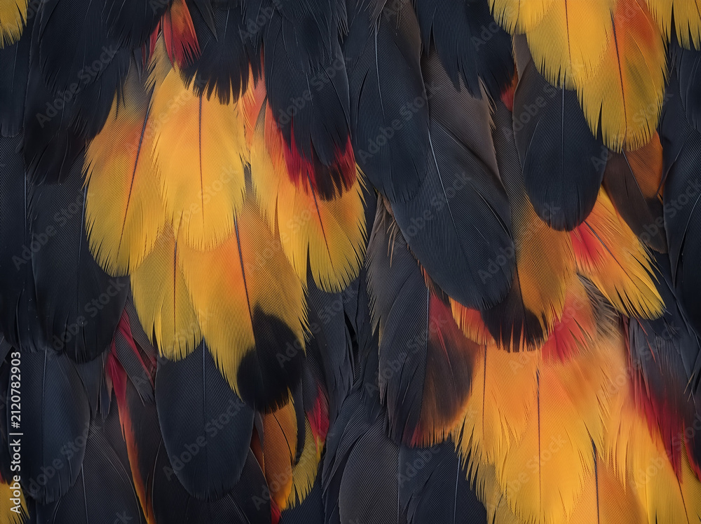 Fototapeta premium Close-up toucan feathers with deep black plumage, vivid golden yellow panels and subtle red accents, creating a bold tropical bird texture for backgrounds and design.