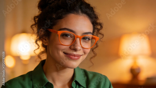 Woman with orange glasses smiling