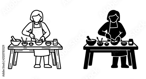 Fotografie Culinary Preparation Vector Icons: Cooking, Mixing, and Ingredients in Outline a