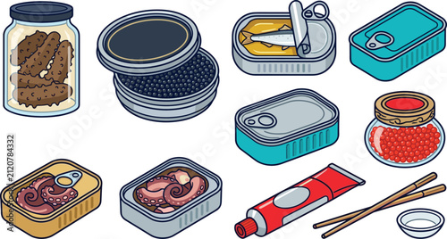 Canned seafood and preserved food collection featuring sardines, octopus, caviar, fish roe, canned fish, glass jars, and gourmet pantry items flat vector illustration