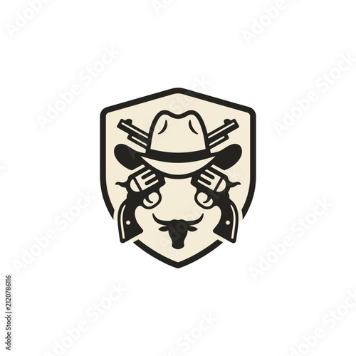 Cowboy hat and crossed pistols with bull head.