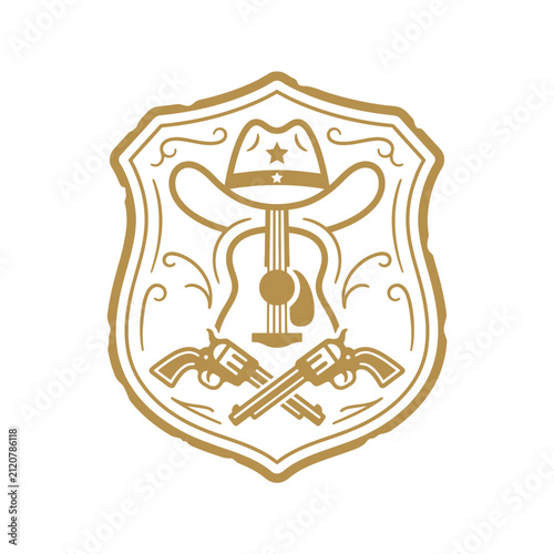 Cowboy hat and guitar music logo in gold shield.
