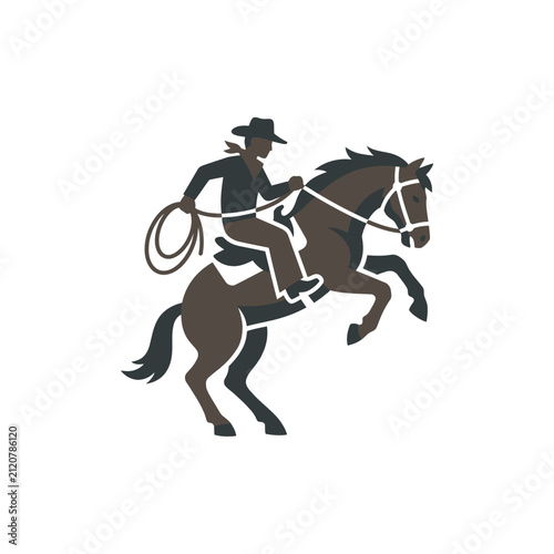 Cowboy riding a brown horse with a lasso.