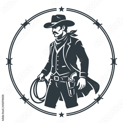 Cowboy silhouette with lasso inside barbed wire circle frame.