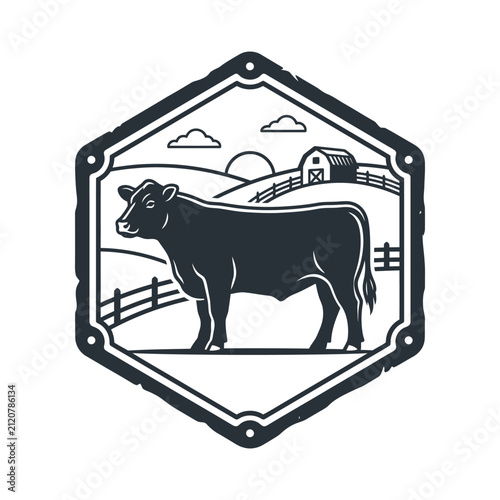 Cow in pasture farm landscape logo within hexagonal frame.