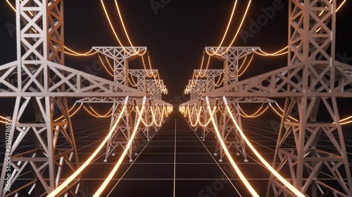 Power lines between the transmission towers, 3d rendering.