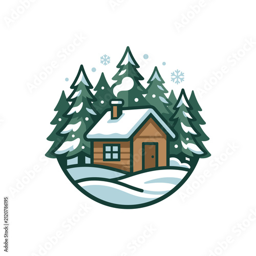 Cozy log cabin in a snowy pine forest illustration.