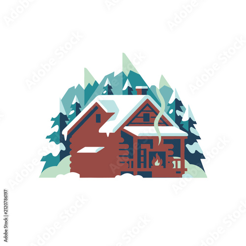 Cozy log cabin nestled in a snowy winter forest.