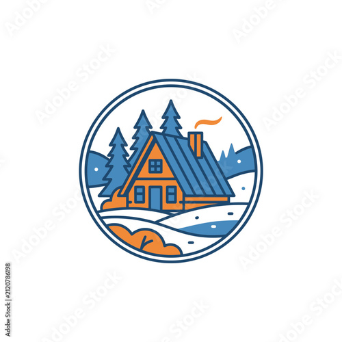 Cozy wooden cabin in a snowy forest circular icon.